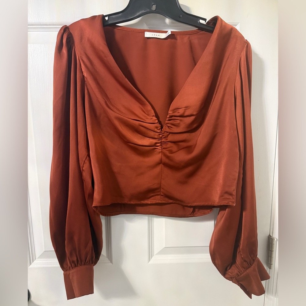 V-Neck Ruched Long-Sleeve Blouse - Rust